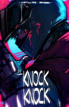 Rule 34 | 1boy, aqua eyes, arm up, biker (hotline miami), blood, blood splatter, clothing cutout, commentary, copyright name, english commentary, english text, fingerless gloves, glove cutout, gloves, green hair, helmet, highres, hood, hood down, hooded jacket, hotline miami, jacket, male focus, motorcycle helmet, profile, red jacket, shirt, short sleeves, sleeveless, sleeveless jacket, solo, tatsu (tatsumccree), upper body, white shirt