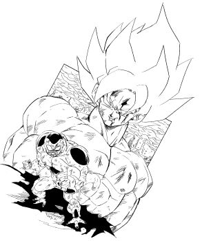 2boys alien angry artist_name battle_damage blood dragon_ball dragonball_z duel fenyon frieza full_power_frieza greyscale highres injury male_focus monochrome multiple_boys muscular muscular_male parted_lips projected_inset short_hair smile smirk son_goku spiked_hair standing super_saiyan super_saiyan_1 tail topless_male toriyama_akira_(style) wide-eyed