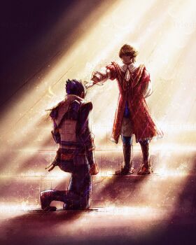 Rule 34 | 2boys, arm behind back, black hair, brothers, brown hair, clive rosfield, coat, collared shirt, commentary, english commentary, final fantasy, final fantasy xvi, highres, holding, holding sword, holding weapon, joshua rosfield, kneeling, knighting, lace collar, male focus, multiple boys, outstretched arm, pants, red coat, shirt, short hair, siblings, stairs, swept bangs, sword, tylor hepner, weapon, white shirt