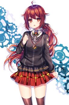 Rule 34 | 1girl, absurdres, ahoge, arm at side, art trade, artist name, black bow, black bowtie, black shirt, black thighhighs, bow, bowtie, breasts, brooch, buttons, chestnut mouth, collared shirt, commentary, cowboy shot, cross, cross print, double-parted bangs, drop shadow, english commentary, expressionless, frilled shirt, frills, hair between eyes, hair flaps, hand on own chest, hand up, highres, jewelry, light blush, lips, long hair, long sleeves, low ponytail, making-of available, miniskirt, orange eyes, original, outline, pleated skirt, ponytail, puffy long sleeves, puffy sleeves, red hair, red skirt, sasucchi95, shirt, simple background, skirt, small breasts, solo, sparkling eyes, standing, teeth, thighhighs, tongue, tsurime, upper teeth only, very long hair, white background, white outline, white shirt, zettai ryouiki