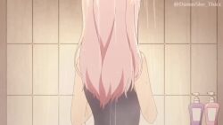 1girl animated anime_screenshot bath blue_one-piece_swimsuit bouncing_breasts breast_press breasts cleavage collarbone damnshe_thicc fujiwara_chika hanging_breasts kaguya-sama_wa_kokurasetai_~tensai-tachi_no_renai_zunousen~ long_hair medium_breasts medium_hair nipples nude_filter one-piece_swimsuit open_mouth pink_hair school_swimsuit shiny_skin sound steam swimsuit third-party_edit undressing video water wet