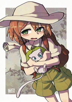 Rule 34 | 1boy, backpack, bag, belt, blush, border, brown bag, brown belt, brown hair, budding expeditioner (pokemon), chichibu (watson), collared shirt, commentary request, gen 1 pokemon, green eyes, green shorts, hat, holding, holding pokemon, legendary pokemon, male focus, mew (pokemon), mythical pokemon, nintendo, open mouth, outside border, pokemon, pokemon (creature), pokemon tcg, pokemon tcg pocket, scroll, shirt, short hair, short sleeves, shorts, signature, white border
