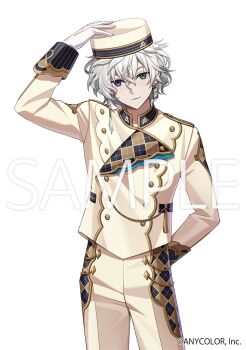 Rule 34 | 1boy, alternate costume, argyle clothes, arm up, brown hat, brown jacket, brown pants, commentary request, cooking, copyright notice, cowboy shot, earrings, gold trim, green eyes, hanafuda earrings, hand in pocket, hand on own hip, hat, heterochromia, jacket, jewelry, long sleeves, male focus, murakumo kagetsu, nijisanji, official art, pants, purple eyes, sample watermark, short hair, simple background, smile, solo, tuze111, virtual youtuber, watermark, wavy hair, white background