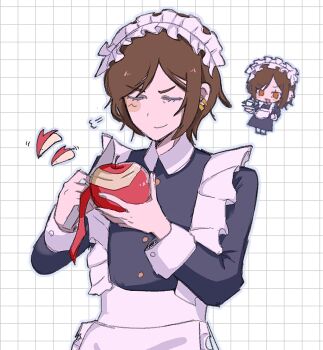 1girl apple apple_rabbit apron black_dress closed_mouth commentary_request dress earrings food food_art fruit holding holding_food holding_fruit holding_knife jewelry knife limbus_company maid maid_headdress mini_person minigirl multiple_views open_mouth outis_(project_moon) project_moon simple_background smile smug suzuki_555 upper_body waist_apron