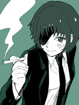1girl black_jacket black_necktie chainsaw_man choppy_bangs cigarette closed_mouth collared_shirt commentary_request eyepatch green_background green_eyes green_hair hand_up highres himeno_(chainsaw_man) holding holding_cigarette itsumeee3 jacket long_sleeves looking_at_viewer necktie one_eye_covered open_clothes open_jacket shirt short_hair simple_background sketch smile smoke smoking solo upper_body white_shirt