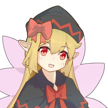 1girl black_capelet black_dress black_hat blush bow bowtie capelet chinese_commentary commentary_request dress edsky0309 hat hat_bow lily_black lily_white long_hair looking_at_viewer multiple_wings open_mouth pink_wings pointy_ears portrait red_bow red_bowtie simple_background smile solo touhou white_background wings