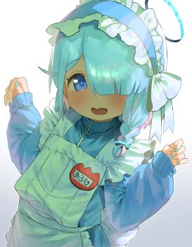 1girl absurdres apron arona_(blue_archive) blue_archive blue_eyes blue_halo blue_headdress blue_nails blue_shirt blush bow character_name commentary frilled_apron frilled_headwear frills hair_over_one_eye halo hands_up highres long_bangs long_sleeves looking_at_viewer medium_hair multicolored_hair name_tag open_mouth pink_hair sanso_aki shirt simple_background solo tareme two-tone_hair upper_body white_apron white_background white_bow