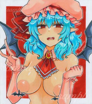 1girl ascot bat_wings blue_hair blush border breasts commentary fang gloves hat hat_ribbon highres large_breasts looking_at_viewer medium_hair mob_cap nipple_piercing open_mouth piercing pink_gloves pink_hat pointy_ears red_ascot red_background red_eyes red_ribbon remilia_scarlet ribbon sample_watermark solo touhou upper_body v washiwa watermark white_border wings