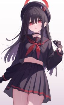 1girl beret black_choker black_gloves black_hat black_sailor_collar black_serafuku black_shirt black_skirt blue_archive choker commentary_request cowboy_shot crop_top gloves halo hand_up hat highres justice_task_force_member_(blue_archive) korean_commentary long_bangs long_hair long_sleeves looking_at_viewer navel neckerchief open_mouth pipipipyu red_halo red_neckerchief sailor_collar school_uniform serafuku shirt simple_background skirt solo thighs white_background