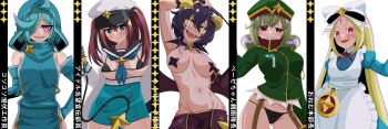 5girls absurdres ahoge akoya_matama anemo_nemo apron aqua_dress aqua_hair aqua_skirt araga_kiwi arm_behind_back arm_behind_head armpits bikini black_bikini black_panties blue_dress blue_eyes blush boots breasts brown_hair demon_horns demon_wings double_bun dress elbow_gloves explosive facial_tattoo fang forehead_tattoo full-face_blush garter_belt gesugao gloves glowing glowing_eyes gluteal_fold green_footwear green_gloves green_hair green_hat green_jacket grenade grenade_pin_in_mouth grin groin hair_between_eyes hair_bun hair_over_one_eye hair_ribbon half_gloves hat high-waist_skirt highres hiiragi_utena holding holding_grenade holding_microphone holding_riding_crop hood horns insignia jacket juliet_sleeves large_breasts leberblume leoparde_(mahou_shoujo_ni_akogarete) loco_musica long_sleeves looking_at_viewer magia_baiser mahou_shoujo_ni_akogarete medium_hair microphone military_hat military_jacket morino_korisu multiple_girls naughty_face navel neck_tattoo nero_alice open_mouth otozato_yomi panties pants pasties pink_eyes puffy_sleeves purple_eyes purple_hair red_eyes ribbon riding_crop school_uniform serafuku sharp_teeth short_hair shrug_(clothing) sideboob sideless_outfit simple_background skirt small_breasts smile smirk star_(symbol) star_pasties swimsuit tattoo teeth thick_eyelashes torn_clothes torn_pants underwear white_apron white_jacket white_ribbon white_wrist_cuffs wings wrist_cuffs