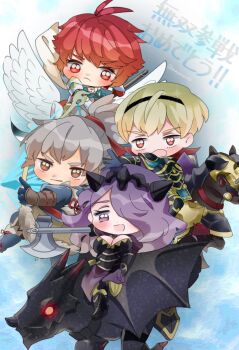 Rule 34 | 2boys, 2girls, axe, blonde hair, bow, breasts, brother and sister, camilla (fire emblem), chibi, chignon, cleavage, dragon, feathered wings, fire emblem, fire emblem fates, grey hair, hairband, hinoka (fire emblem), large breasts, leo (fire emblem fates), long hair, moroto yumi, multiple boys, multiple girls, nintendo, orange eyes, pegasus, purple eyes, purple hair, red eyes, red hair, short hair, siblings, takumi (fire emblem), tiara, wavy hair, wings, wyvern