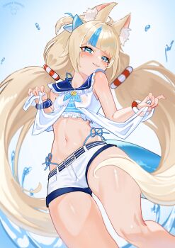 1girl absurdres animal_ear_fluff animal_ears bare_shoulders blonde_hair blue_eyes blue_streaks cat_ears commentary crop_top denim denim_shorts dopeybunni fins fish_girl fish_tail highres indie_virtual_youtuber knees long_hair midriff multicolored_hair navel sameko_saba short_shorts shorts sleeveless solo stomach streaked_hair tail thighs twintails two-tone_hair very_long_hair virtual_youtuber