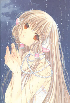 00s bare_arms blonde_hair chii chobits clamp comic from_side hair_tubes head_tilt highres jewelry lips long_hair looking_at_viewer necklace orange_eyes parted_lips pearl_necklace rain robot_ears scan solo strapless upper_body water_drop