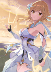 Rule 34 | 1girl, absurdres, arm at side, bare shoulders, blonde hair, breasts, cloud, commentary request, cowboy shot, detached sleeves, dress, eyelashes, floating clothes, floating hair, flower, from side, genshin impact, hair flower, hair ornament, hand up, highres, holding, holding weapon, light particles, looking at viewer, lumine (genshin impact), medium breasts, orange sky, outdoors, parted lips, sayu (user yjsz2885), scarf, short hair with long locks, sideboob, sky, sleeves past wrists, solo, strapless, strapless dress, sunset, swept bangs, weapon, white dress, white flower, white scarf, white sleeves, yellow eyes