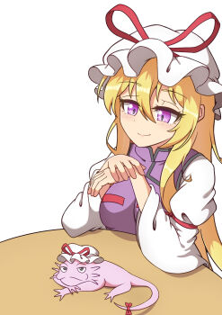 Rule 34 | 1girl, absurdres, animal, axolotl, ayuyu yuka03, blonde hair, blush, closed mouth, commentary, elbow on table, hair between eyes, hat, highres, long sleeves, looking at another, looking at viewer, mob cap, own hands together, purple eyes, purple tabard, ribbon, smile, tabard, table, tail, tail ornament, tail ribbon, touhou, white background, yakumo yukari, yakumo yukari (axolotl)
