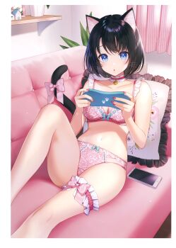 1girl :o absurdres animal_ear_fluff animal_ears bare_shoulders bell black_hair blue_bow blue_eyes blush border bow bow_bra bow_panties bra breasts cat_ears cat_girl cat_tail cellphone choker cleavage collarbone couch curtains frilled_choker frilled_pillow frilled_thigh_strap frills handheld_game_console highres holding holding_handheld_game_console indoors jingle_bell knee_up medium_breasts melonbooks momoshiki_tsubaki nail_polish neck_bell nintendo_3ds nintendo_ds non-web_source on_couch open_mouth original panties phone pillow pink_bow pink_bra pink_panties playing_games red_nails ribbon-trimmed_panties ribbon_trim scan short_hair sitting smartphone solo tail tail_bow tail_ornament tail_raised thigh_strap underwear underwear_only white_border white_choker