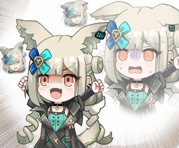 1girl @_@ absurdres animal_ears arknights arms_up black_choker black_jacket cat_ears chibi chibi_only choker clenched_hands different_zoom_layer dress earrings ears_down emphasis_lines fangs furrowed_brow green_dress hair_ribbon highres jacket jewelry long_hair long_sleeves looking_at_viewer morpheus_(arknights) nervous nervous_sweating official_art_inset open_mouth orange_eyes ribbon shaded_face smile sweat th3cr0ma turn_pale