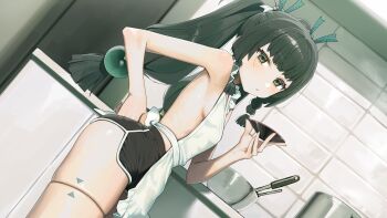 1girl absurdres alternate_costume android apron bare_shoulders black_shorts blush breasts commentary dolphin_shorts from_side green_eyes green_hair hair_ornament highres indoors long_hair looking_at_viewer nearly_naked_apron open_mouth qingyi_(zenless_zone_zero) shorts sideboob small_breasts solo sphere_hair_ornament syhan twintails zenless_zone_zero