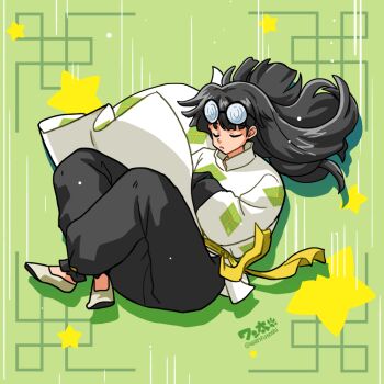1boy black_pants chinese_clothes closed_mouth coke-bottle_glasses crossed_legs frown full_body glasses green_background long_hair male_focus motion_lines mousse_(ranma_1/2) one_eye_closed pants ranma_1/2 round_eyewear sleeves_past_fingers sleeves_past_wrists solo star_(symbol) wanta_(futoshi)