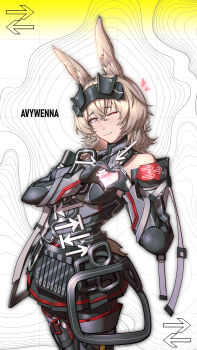 1girl absurdres animal_ear_fluff animal_ears arknights arknights:_endfield avywenna_(arknights) bare_shoulders black_gloves black_hairband black_pantyhose black_skirt blonde_hair blue_eyes commentary crossed_bangs detached_sleeves english_commentary gloves grey_shirt hair_between_eyes hairband heart heart_hands highres looking_at_viewer making-of_available one_eye_closed pantyhose rabbit_ears rabbit_girl rabbit_tail red_pupils shirt short_hair skirt solo tail wooshception