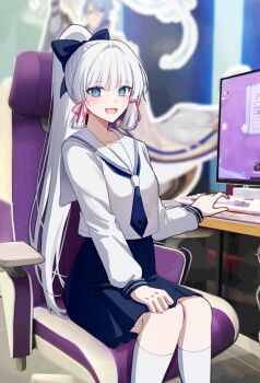 1girl 723/nanahumi ayaka_(genshin_impact) blue_bow blue_eyes blue_necktie blue_skirt blunt_bangs bow chair computer genshin_impact grey_hair hair_bow highres indoors kamisato_ayaka kamisato_ayaka_(heytea) kamisato_ayato kneehighs long_sleeves looking_at_viewer necktie official_alternate_costume on_chair open_mouth sailor_collar school_uniform shirt sitting skirt smile socks solo white_sailor_collar white_shirt white_socks