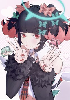 ! !! 3girls angels_of_delusion aria_(zenless_zone_zero) bare_shoulders black_hair black_sleeves bow checkered_necktie chibi collarbone colored_inner_hair detached_sleeves double_v fur-trimmed_sleeves fur_trim green_bow green_hair green_halo hair_bow halo hashtag-only_commentary heart highres lo_ve243 looking_at_viewer multicolored_hair multiple_girls multiple_hair_bows nangong_yu necktie pink_background pink_bow pink_hair red_eyes red_nails red_necktie short_twintails sunna_(zenless_zone_zero) tongue tongue_out twintails twitter_username upper_body v white_wings wings zenless_zone_zero