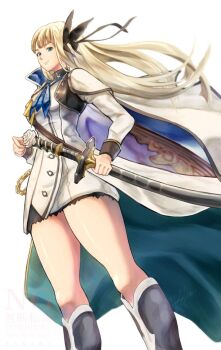 Rule 34 | 1girl, another eden, armor, ascot, blonde hair, blue ascot, blue eyes, blunt bangs, boots, breasts, butterfly hair ornament, cape, commentary request, cowboy shot, dress, feet out of frame, flower, from below, grey boots, hair ornament, hanada nadako, holding, holding sword, holding weapon, isuka (another eden), long hair, medium breasts, rose, short dress, shoulder armor, solo, straight hair, sword, weapon, white background, white dress, white flower, white rose