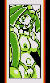 1girl android artemis_(beast_wars_ii) beast_wars beast_wars_ii bow bow_panties breasts capelet crotchless crotchless_panties large_breasts long_hair looking_at_viewer monochrome navel nipples open_mouth panties pixel_art pussy robot saiwai_hiroshi smile standing topless_female transformers underwear