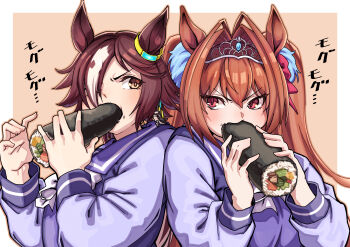 2girls absurdres animal_ears antenna_hair bow bowtie breasts brown_hair commentary_request daiwa_scarlet_(umamusume) eating ehoumaki food hair_between_eyes hair_intakes hair_ornament hair_over_one_eye highres horse_ears horse_girl large_breasts makizushi multicolored_hair multiple_girls purple_shirt red_eyes rivalry school_uniform shirt streaked_hair sushi tiara tracen_school_uniform twintails umamusume utsuke_(u_tuk_e) v-shaped_eyebrows vodka_(umamusume) white_bow white_bowtie white_hair