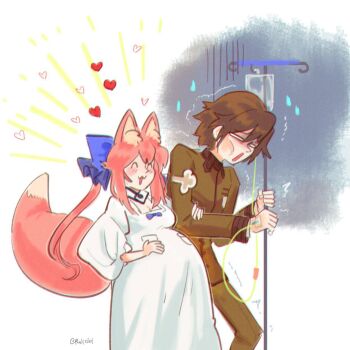 1boy 1girl :3 ^_^ animal_ear_fluff animal_ears blush breasts brown_hair cheekbones cleavage closed_eyes commission emaciated exhausted fate/extra fate_(series) fox_ears fox_girl fox_tail hair_ribbon highres intravenous_drip kishinami_hakuno_(male) large_breasts long_hair long_sleeves open_mouth pink_hair pregnant raliciel ribbon school_uniform second-party_source shirt smile sunken_cheeks tail tamamo_no_mae_(fate)
