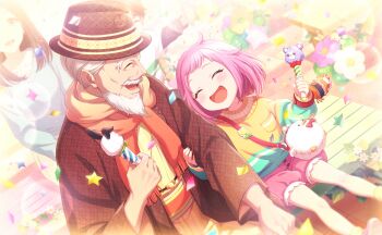 2boys 2girls :d ^_^ animal_bag atashi-tachi_no_happy_end_(project_sekai) beard blurry blush bokeh brown_hat brown_jacket child closed_eyes colorful_palette confetti depth_of_field facial_hair flower game_cg grey_hair hat highres holding jacket multicolored_sweater multiple_boys multiple_girls official_art old old_man ootori_emu open_mouth orange_scarf pink_flower pink_hair pink_shorts project_sekai scarf shirt shorts sitting smile star_(symbol) sweater third-party_source tongue vignetting white_flower yellow_shirt