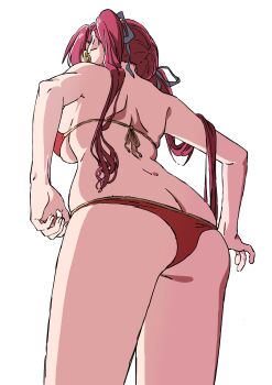 1girl absurdres ass back bikini bikini_bottom_pull breasts clothes_pull earrings from_below gold_earrings heart heart_earrings highres hololive houshou_marine houshou_marine_(summer) jewelry large_breasts long_hair mugi0913 official_alternate_costume red_bikini red_hair solo swimsuit twintails very_long_hair virtual_youtuber