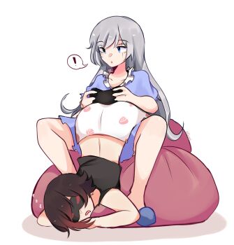 ! 2girls artist_name ass bean_bag_chair black_hair blue_eyes blue_nightgown chumi controller eye_mask game_controller gradient_hair grey_hair highres leg_lock long_hair mask meme multicolored_hair multiple_girls nightgown pajamas pink_pajamas red_hair ruby_rose rwby scar scar_across_eye scar_on_face short_hair sleeping sleeping_on_person slippers spread_legs upside-down weiss_schnee white_background yuri zzz