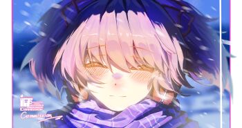 1girl ^_^ blue_sky blush border breath chinese_commentary closed_eyes closed_mouth commentary_request commission day dot_nose floating_hair hair_between_eyes hair_ribbon happy highres kaname_madoka kokaiff mahou_shoujo_madoka_magica mahou_shoujo_madoka_magica_(anime) outdoors outside_border pillarboxed pink_hair plaid_clothes plaid_scarf portrait purple_scarf red_ribbon ribbon sample_watermark scarf short_hair short_twintails sky smile snow snowing solo thank_you twintails watermark white_border wind winter