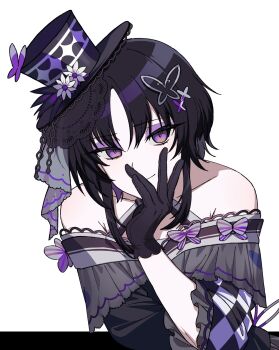 Rule 34 | 1girl, bare shoulders, black gloves, black hair, black hat, black kimono, bug, butterfly, butterfly hair ornament, butterfly hat ornament, checkered sleeves, closed mouth, eyeshadow, gloves, hair ornament, hand to own mouth, hand up, hat, hat ornament, highres, housho margo, hskim12gh, insect, japanese clothes, kimono, lolita fashion, looking at viewer, mahou shoujo no majo saiban, makeup, mini hat, mini top hat, parted bangs, purple butterfly, purple eyes, purple eyeshadow, short hair, simple background, smile, solo, top hat, upper body, wa lolita, white background