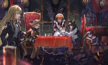 5girls absurdres akiyama_mio apron black_hair blonde_hair brown_hair chair chinese_commentary closed_eyes clothing_request coat commentary_request cosplay cowboy cowboy_hat full_body hat highres hirasawa_yui holding holding_sword holding_weapon indoors k-on! kotobuki_tsumugi long_hair maid maid_apron maid_headdress multiple_girls nakano_azusa on_chair open_mouth picture_frame playing_chess princess scabbard sheath short_hair sitting smug standing sword table user_adpn2522 weapon western