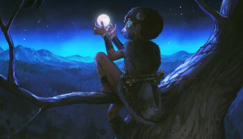 1boy absurdres afro animal_ears child dark-skinned_male dark_skin delirium_(artist) from_behind full_moon fur_skirt highres in_tree mask moon mountainous_horizon night original outdoors raccoon_boy raccoon_ears raccoon_mask raccoon_tail sitting sitting_in_tree skirt sky solo star_(sky) starry_sky tail tonfa tree weapon