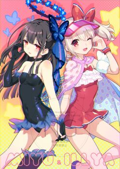 2girls asymmetrical_gloves bare_shoulders black_gloves black_hair black_leotard black_thighhighs blush bow breasts butterfly_hair_ornament cape choker dress_swimsuit fate/grand_order fate_(series) flower gloves hair_ornament hair_ribbon hairclip halo holding_hands illyasviel_von_einzbern illyasviel_von_einzbern_(swimsuit_archer) illyasviel_von_einzbern_(swimsuit_archer)_(second_ascension) inflatable_armbands leotard long_hair looking_at_viewer miyu_edelfelt miyu_edelfelt_(swimsuit_lancer)_(third_ascension) multiple_girls nishimura_eri one-piece_swimsuit one_eye_closed open_mouth red_bow red_eyes red_one-piece_swimsuit ribbon sidelocks single_thighhigh small_breasts smile star_(symbol) star_print swimsuit thighhighs thighs twintails visor_cap white_hair