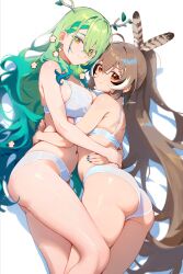 Rule 34 | 2girls, absurdres, ass, backlighting, black hair, bra, breasts, brown eyes, brown hair, ceres fauna, commentary, feather hair ornament, feathers, flower, furoki, green hair, hair flower, hair ornament, highres, hololive, hololive english, horns, hug, large breasts, leaf, long hair, looking at viewer, multicolored hair, multiple girls, nanashi mumei, navel, panties, smile, streaked hair, symbol-only commentary, twitter username, underwear, underwear only, very long hair, virtual youtuber, white background, white bra, white hair, white panties, yellow eyes, yuri