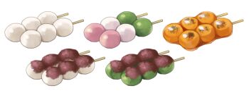 commentary_request dango food food_focus kurarin mitarashi_dango no_humans original sanshoku_dango simple_background skewer wagashi white_background