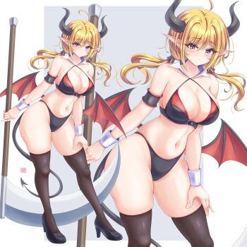 absurdres ahoge bikini black_bikini black_pantyhose black_shoes black_thighhighs bong bracer breasts cleavage closed_mouth commentary_request curvy demon_girl demon_horns demon_tail demon_wings detached_collar grey_background hair_tubes high_heels highleg highres holding holding_scythe horns large_breasts long_hair looking_at_viewer navel original pantyhose pointy_ears purple_eyes scythe shoes standing swimsuit tail thighhighs tong_shui twintails white_background wings zoom_layer