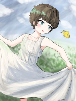 Rule 34 | 1girl, absurdres, aqua eyes, blue sky, blush, brown hair, bug, butterfly, cloud, collarbone, commentary request, day, dress, eyelashes, highres, hos0m, insect, open mouth, original, outdoors, short hair, skirt hold, sky, sleeveless, sleeveless dress, smile, solo, very short hair, white dress