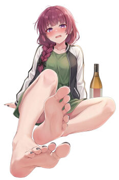 1girl absurdres alcohol bare_legs barefoot bocchi_the_rock! bottle braid commentary_request dress drunk feet green_dress green_shirt hair_over_shoulder highres hiroi_kikuri jacket long_sleeves looking_at_viewer multicolored_jacket nail_polish no_shoes open_clothes open_jacket purple_eyes purple_hair sake_bottle shirt single_braid soles toenail_polish toenails xnnagu