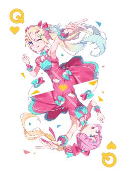 Rule 34 | 2girls, 5th live tour ~4pair power spread!!!!~, :d, ;), ;q, absurdres, anyoji hime, aqua shirt, armpits, blonde hair, blue eyes, blue hair, bow, breasts, card, card (medium), commentary, finger heart, gradient hair, hair bow, hair ornament, heart, heart hair ornament, heart ni q (love live!), highres, link! like! love live!, looking at viewer, love live!, medium breasts, miniskirt, mira-cra park!, multi-tied hair, multicolored hair, multiple girls, navel, official alternate costume, one eye closed, open mouth, osawa rurino, parted bangs, pink bow, pink hair, pink shirt, pink skirt, playing card, playing card (medium), pleated skirt, ponytail, queen (playing card), queen of hearts (playing card), rotational symmetry, shirt, simple background, skirt, sleeveless, sleeveless shirt, small breasts, smile, sunkeun, tongue, tongue out, twintails, two-tone shirt, v, virtual youtuber, wawo! (love live!), white background, x hair ornament