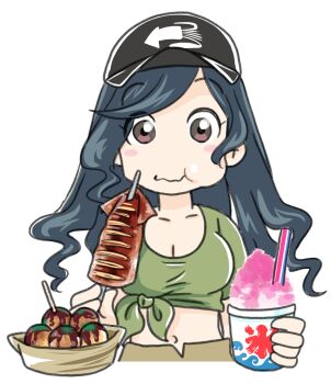 1girl belt black_hat blue_hair breasts brown_eyes cleavage collarbone crop_top curly_hair eating food green_shirt hat holding holding_food japanon kraken_(japanon) kraken_regiment light_blush long_hair looking_at_food medium_breasts midriff military navel original pants shaved_ice shirt skewer squid street_food takoyaki tied_shirt transparent_background