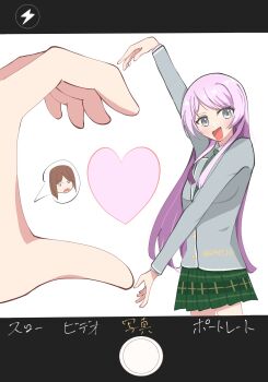 2girls 32key_rb bang_dream! bang_dream!_it&#039;s_mygo!!!!! blue_eyes brown_hair chihaya_anon commentary fake_phone_screenshot fake_screenshot fang green_necktie green_skirt grey_eyes grey_jacket haneoka_school_uniform hashtag-only_commentary heart heart_hands heart_hands_duo heart_in_heart_hands highres jacket long_hair multiple_girls nagasaki_soyo necktie open_mouth pink_hair plaid_clothes plaid_skirt pleated_skirt school_uniform skin_fang skirt smile translation_request