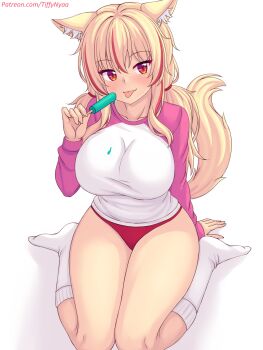 1girl :3 animal_ears arm_support blonde_hair blush breasts cat_ears cat_girl cat_tail collarbone food food_on_clothes highres holding holding_food holding_ice_cream holding_popsicle ice_cream large_breasts long_hair long_sleeves looking_at_viewer low_twintails multicolored_hair nottytiffy original panties pink_shirt popsicle raglan_sleeves red_eyes red_hair red_panties shirt sitting slit_pupils smile socks streaked_hair tail tiffy_(nottytiffy) tongue tongue_out twintails underwear white_background white_socks