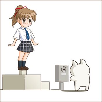 1girl 2channel animated animated_gif blush brown_hair clothes_lift coin lielos mona_(2ch) money non-web_source original panties plaid_clothes plaid_skirt poniko_(lielos) ponytail ribbon school_uniform skirt skirt_lift underwear white_panties wrists_extended yen