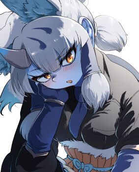 1girl animal_ears black_hair blue_oni blue_skin blush breasts colored_skin extra_ears fingerless_gloves fox_ears fox_girl fox_tail fur-trimmed_belt ginkaku_(kemono_friends) gloves grey_horns hair_tubes hex_tails highres horns kemono_friends kemono_friends_3 long_hair looking_at_viewer mcgunngu medium_breasts multicolored_horns necktie oni quad_tails shirt short_hair short_twintails simple_background single_horn small_horns solo tail twintails two-tone_horns white_hair yellow_eyes