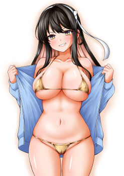 1girl absurdres bikini black_hair breasts cameltoe colored_inner_hair commentary_request gluteal_fold gold_bikini hairband highres kamiya_tadato kantai_collection large_breasts long_hair looking_at_viewer multicolored_hair naganami_(kancolle) naganami_kai_ni_(kancolle) navel pink_hair smile solo standing swimsuit very_long_hair wavy_hair white_hairband yellow_eyes